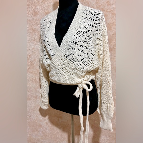 Off White or Milky White Knit Semi Sheer Wrap Sweater - Decorative Side Tie - Picture 14 of 16